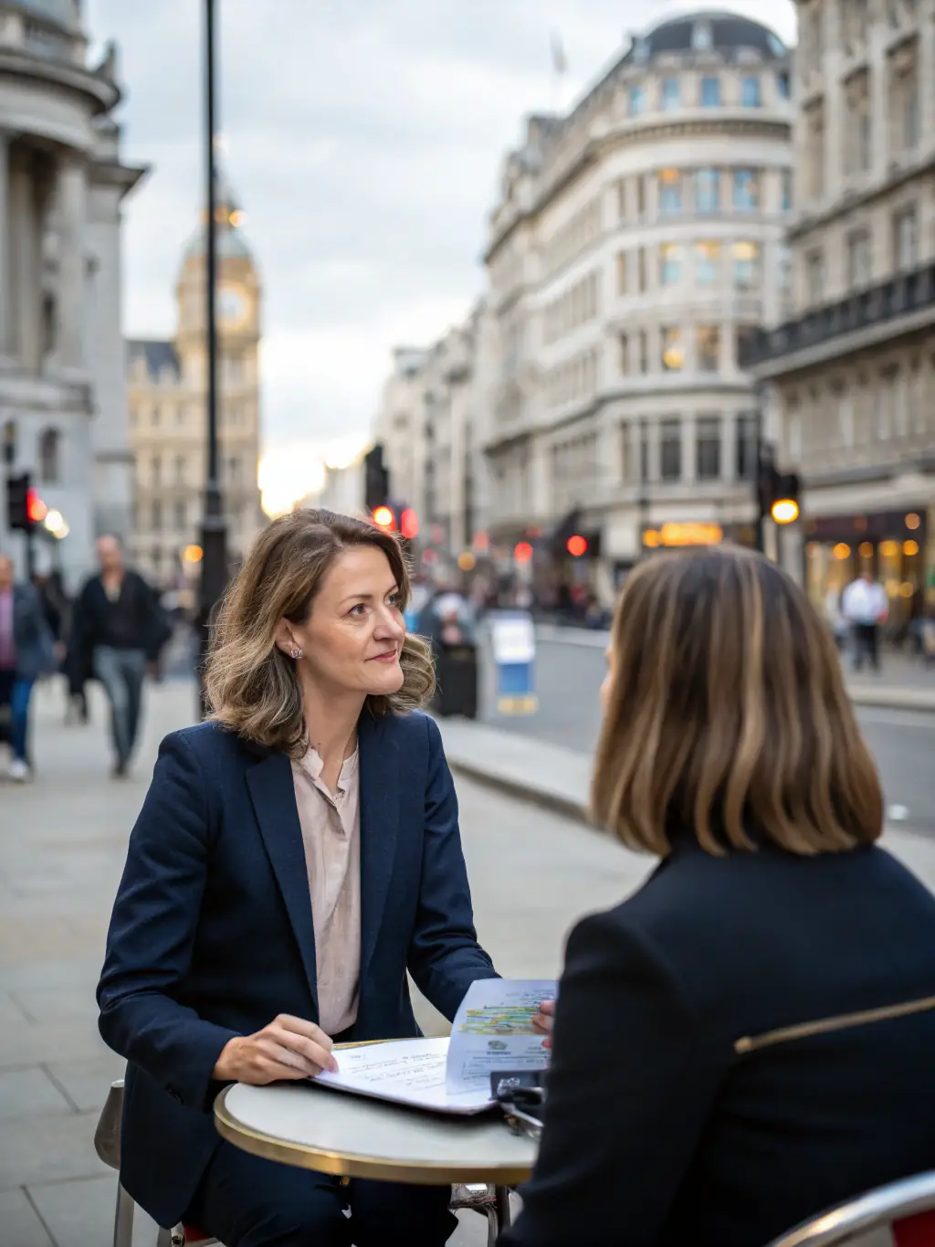 A professional business coach in a modern office setting, guiding a UK-based entrepreneur through strategic planning, with London skyline visible in the background.