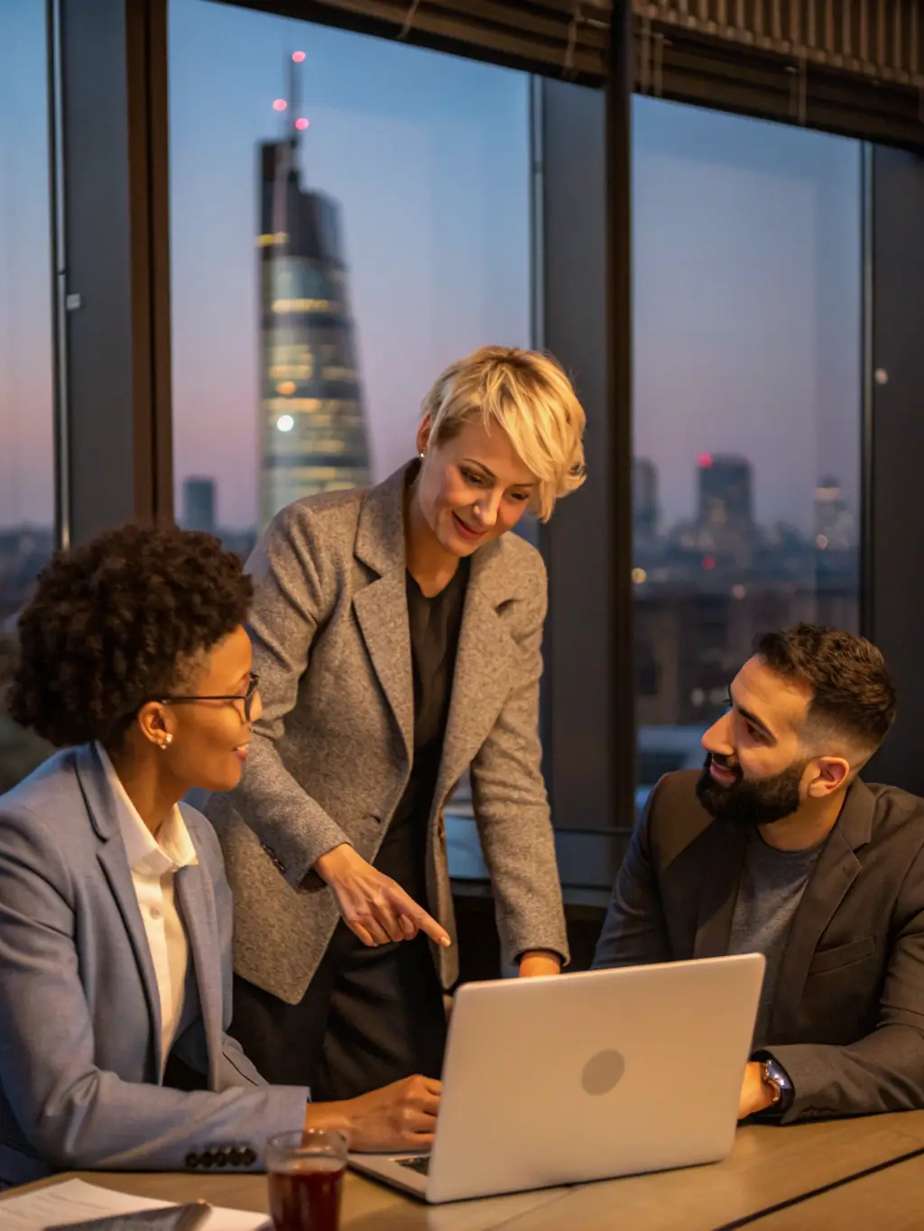 A UK entrepreneur confidently presenting a business pitch, showcasing leadership skills and strategic thinking, with a supportive coach in the audience.