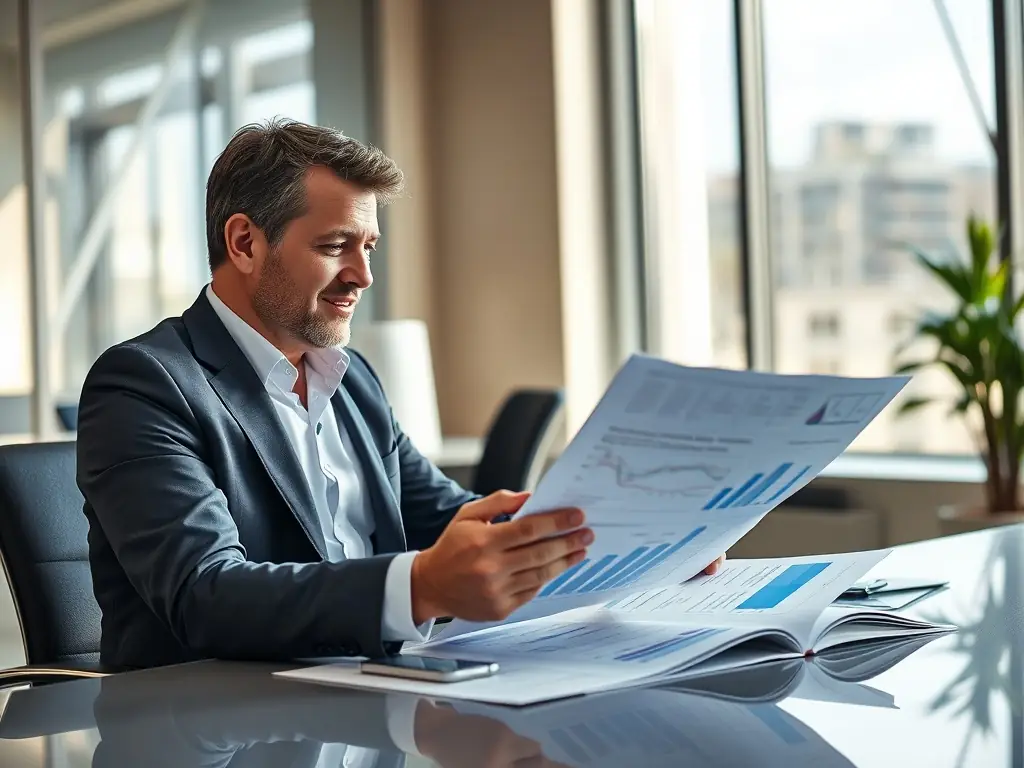 A UK entrepreneur confidently presenting a business plan in a modern office, showcasing strategic planning and leadership skills.