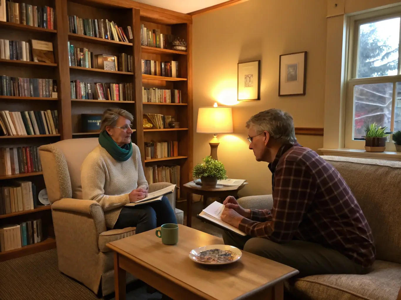 A UK business coach providing one-on-one guidance to a client in a relaxed setting, emphasizing personal development and empowerment.