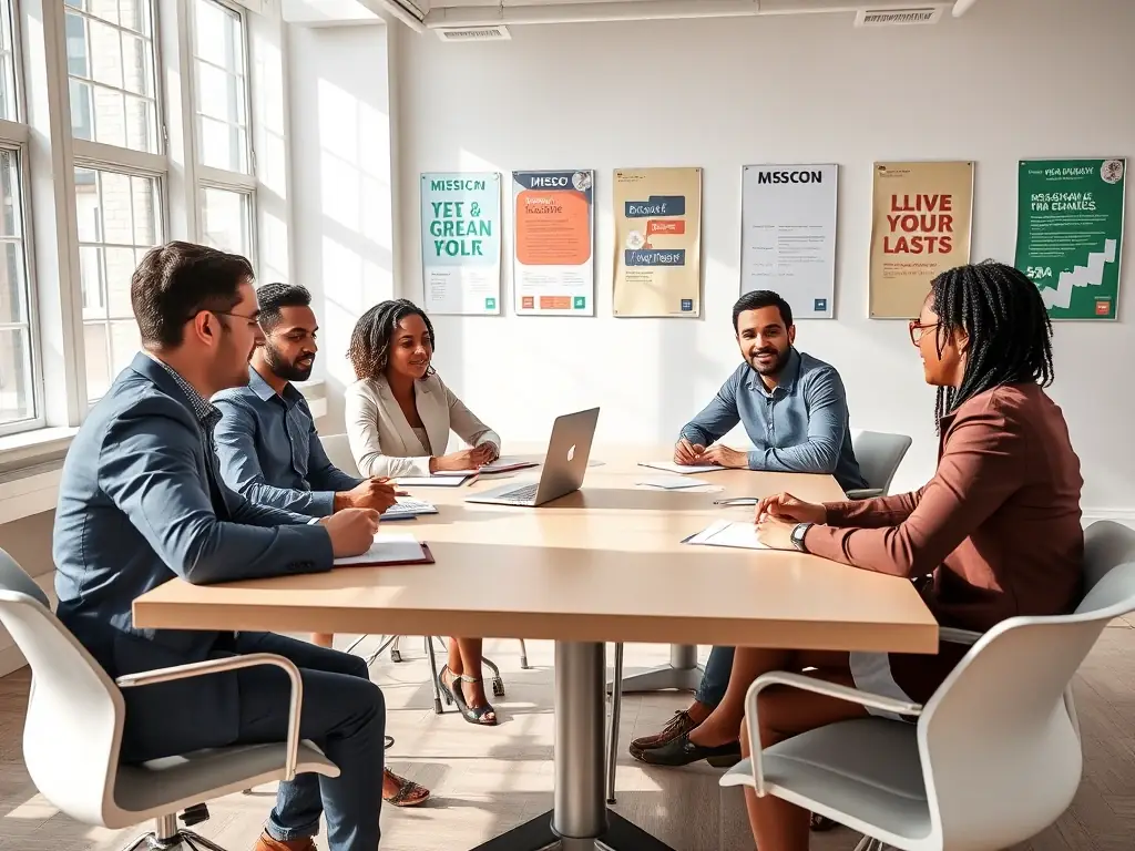 A diverse team of professionals collaborating in a modern office, brainstorming ideas and strategizing for business growth, showcasing teamwork and innovation.