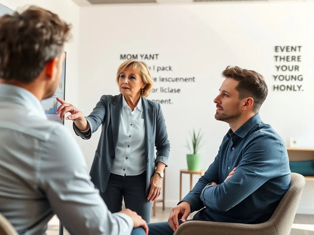 A professional coach in a modern office setting, guiding a client through a strategic planning session, with visual aids like charts and graphs in the background, symbolizing data-driven decision-making and empowerment.